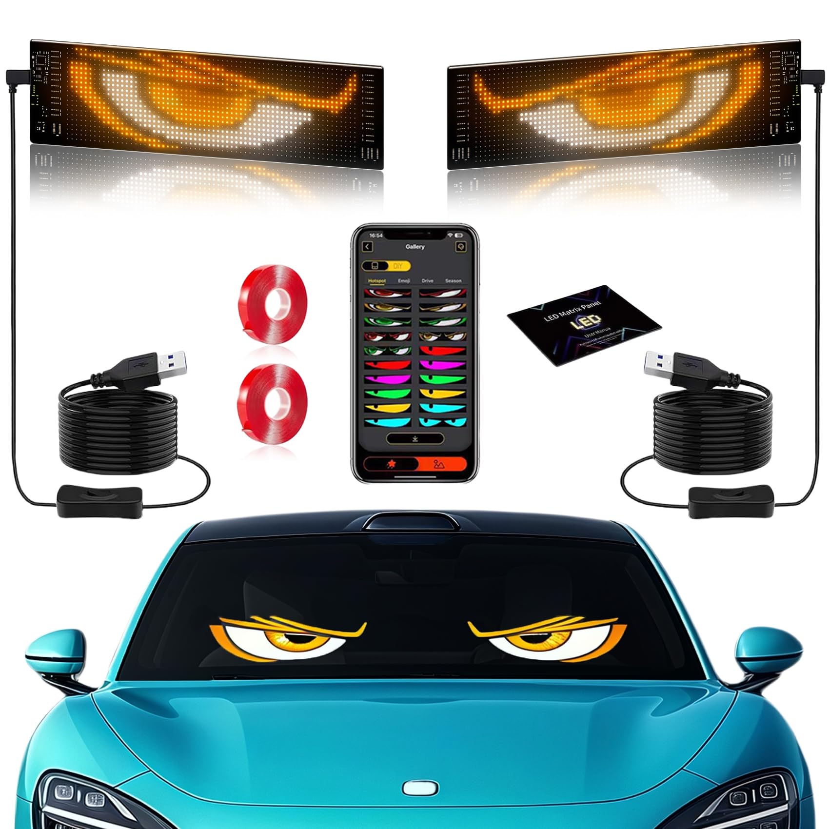 2PCS 4.01x13.7 Devil Eyes Light Sign for Cars, Led Eyes Animated for Car Truck Windshield, DIY Dynamic Programmable Led Wind